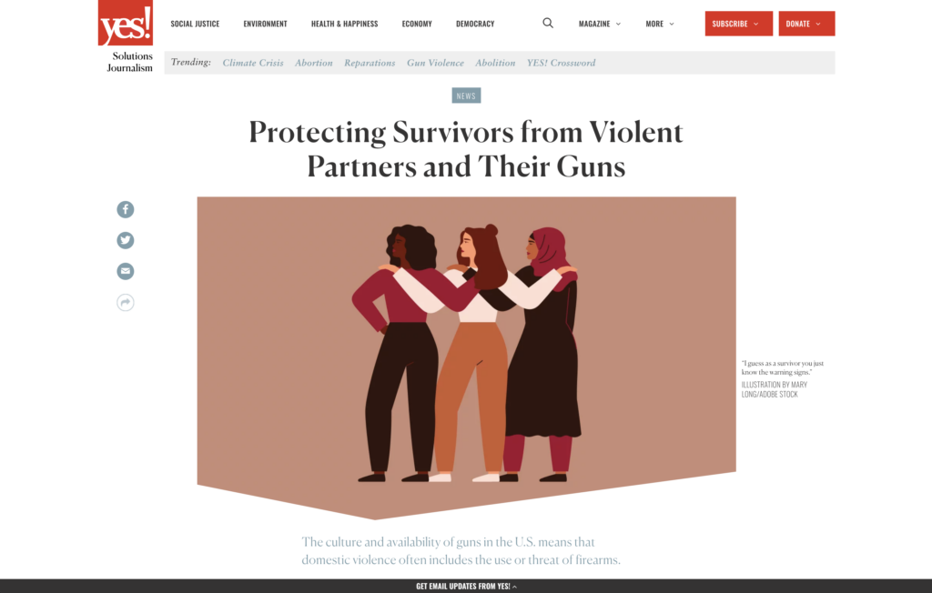 Screenshot of article Illustration featured with Yes Magazine article "Protecting Survivors from Violent Partners and Their Guns